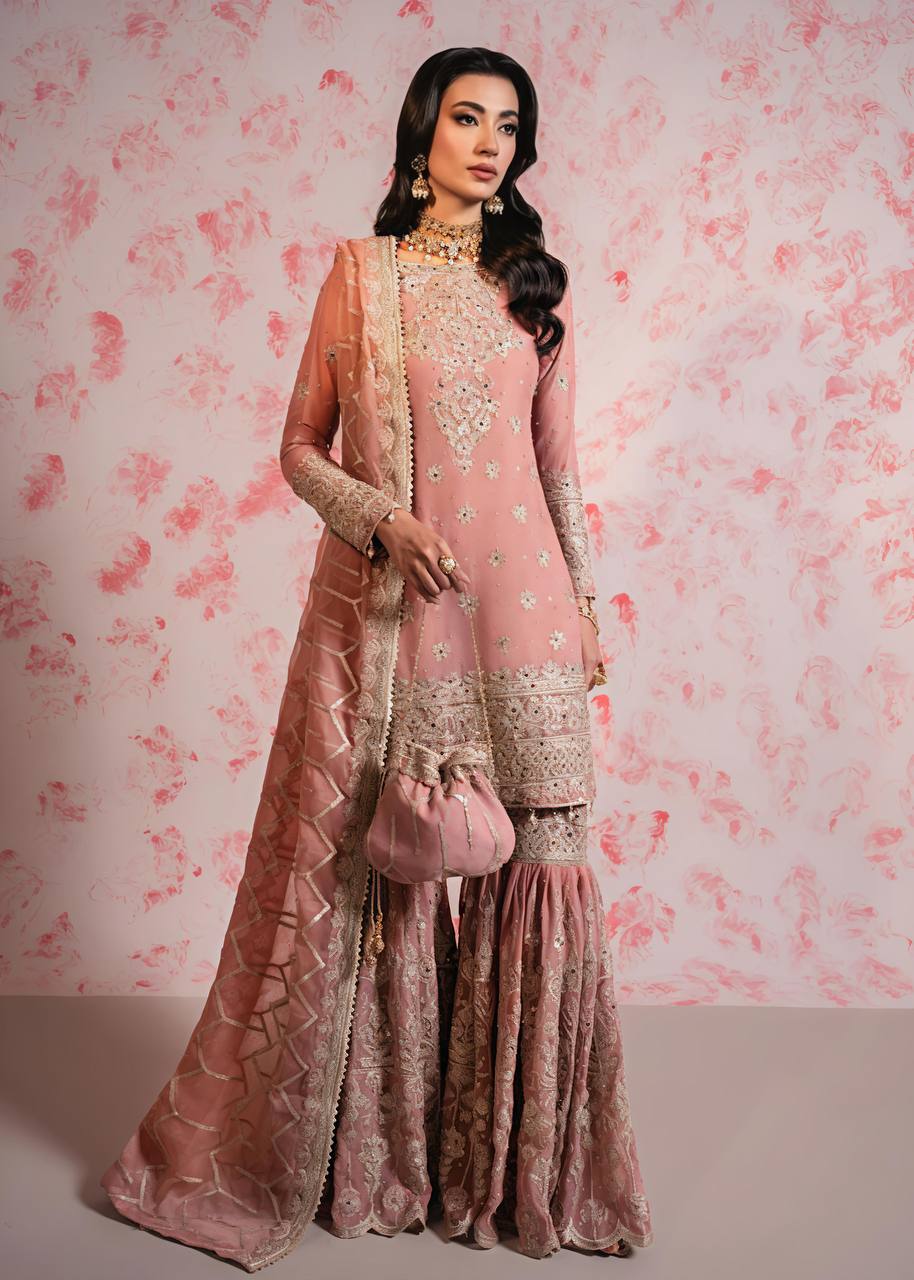 Wedding Wear Embroidery Work Peach Color Sharara Suit