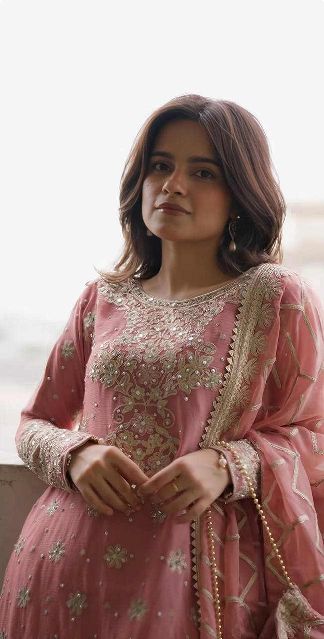 Wedding Wear Embroidery Work Peach Color Sharara Suit