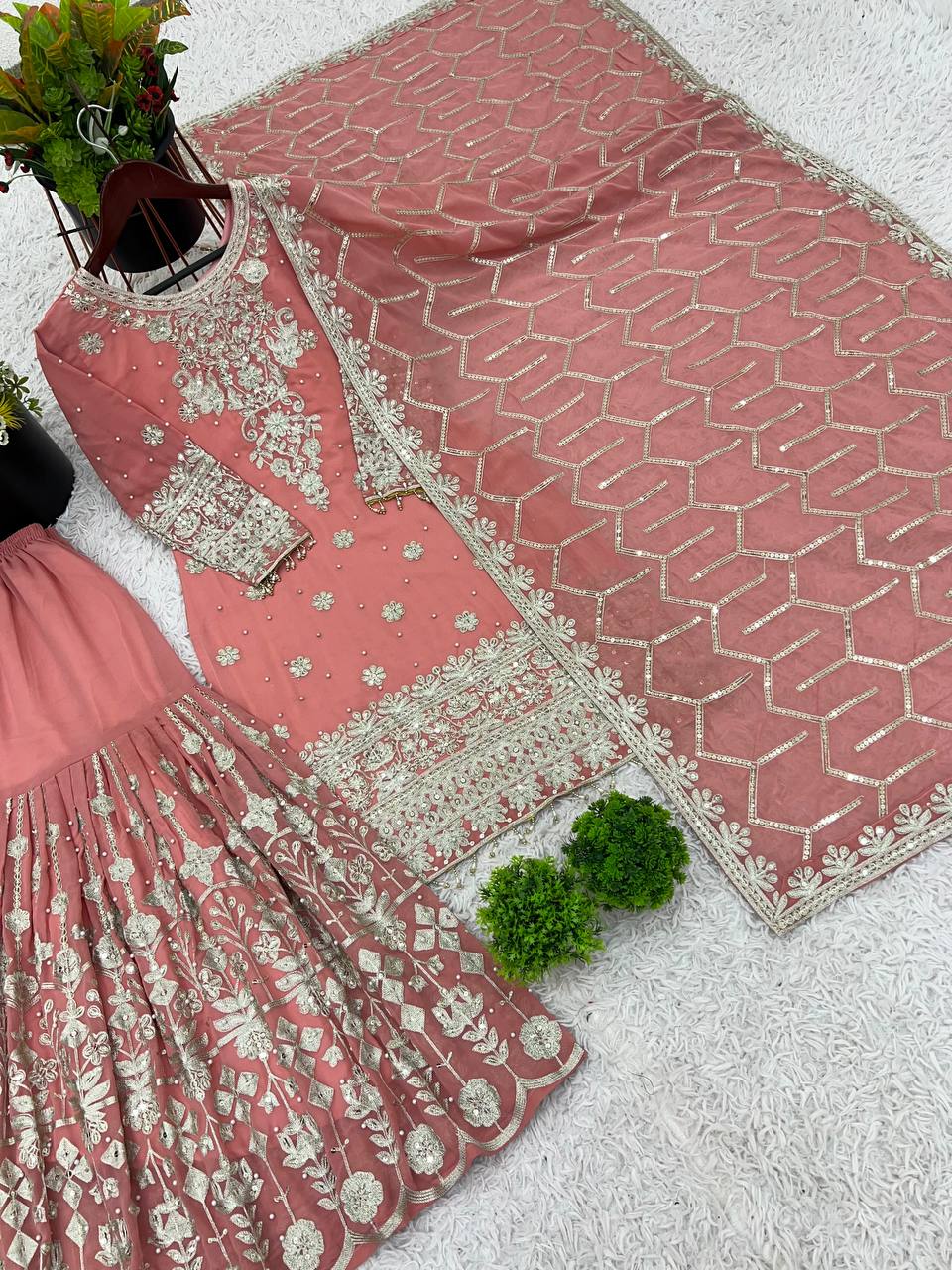 Wedding Wear Embroidery Work Peach Color Sharara Suit