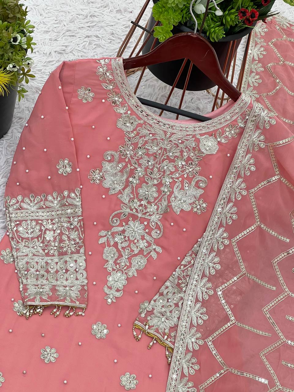 Wedding Wear Embroidery Work Peach Color Sharara Suit