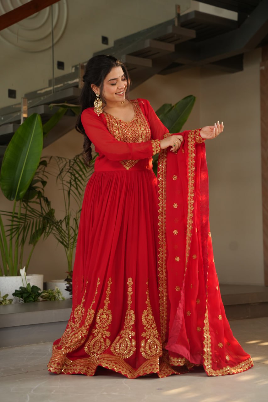 Shining Embroidery Work Red Color Gown