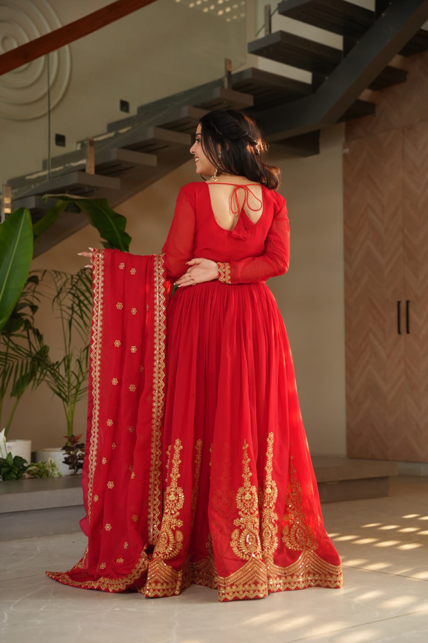 Shining Embroidery Work Red Color Gown