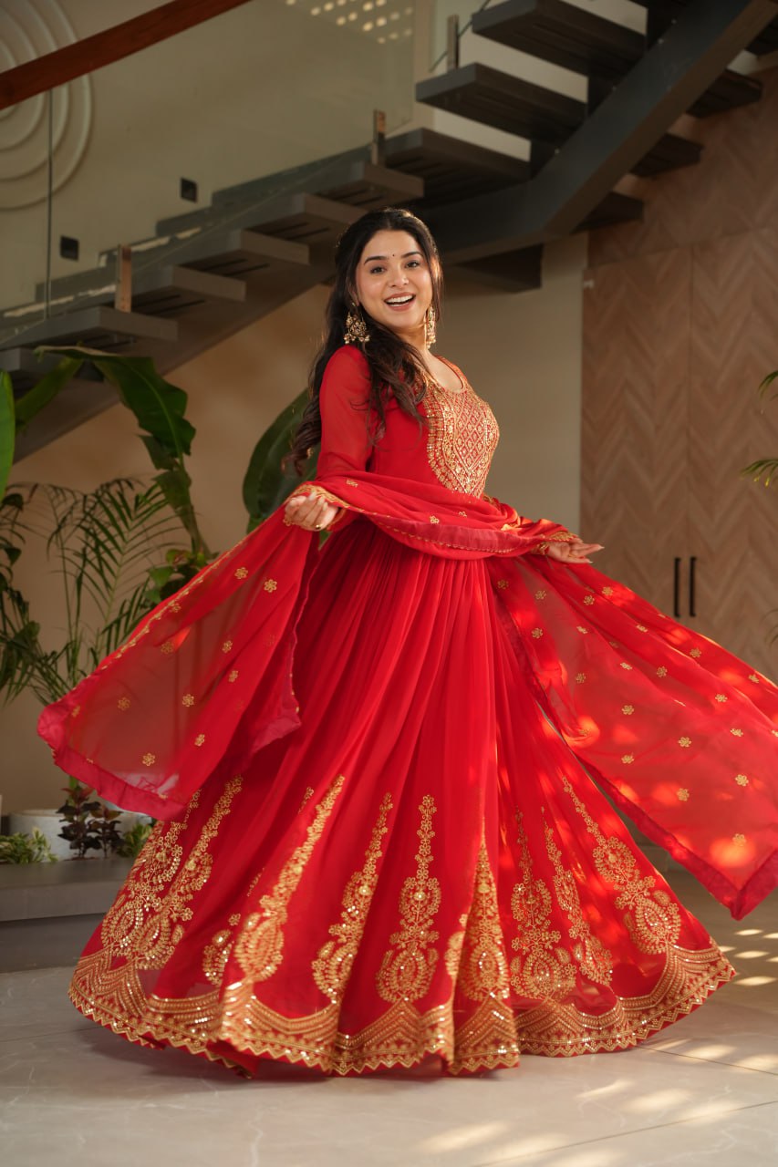 Shining Embroidery Work Red Color Gown