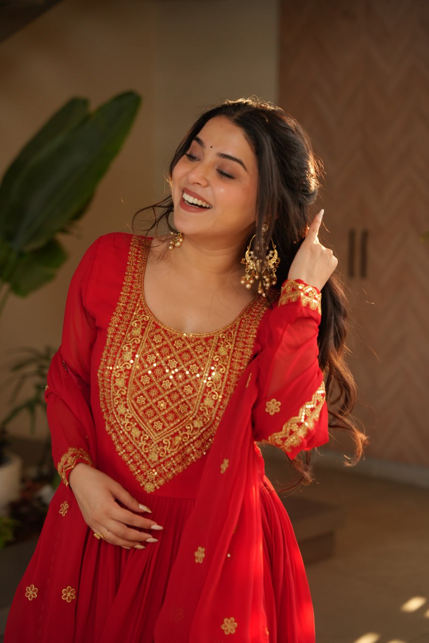 Shining Embroidery Work Red Color Gown