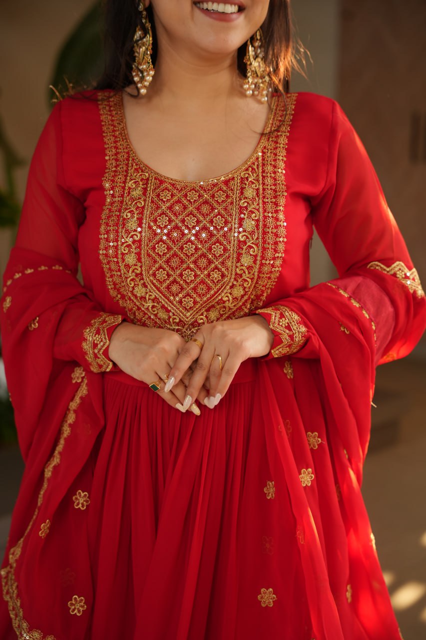 Shining Embroidery Work Red Color Gown