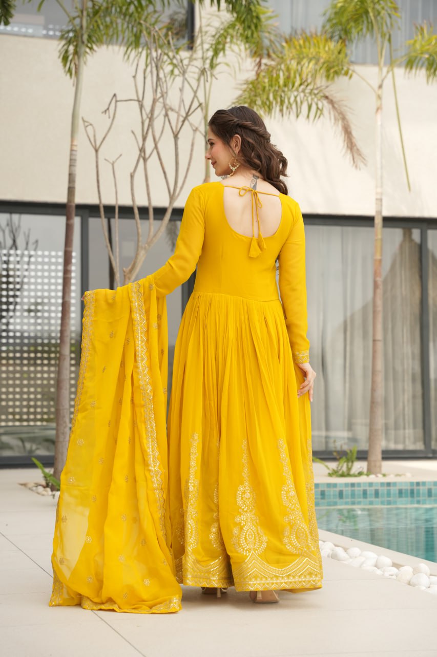 Shining Embroidery Work Yellow Color Gown