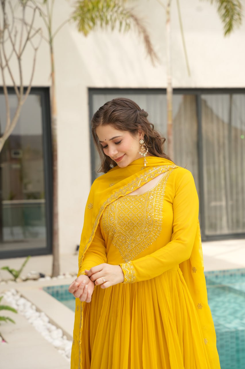 Shining Embroidery Work Yellow Color Gown