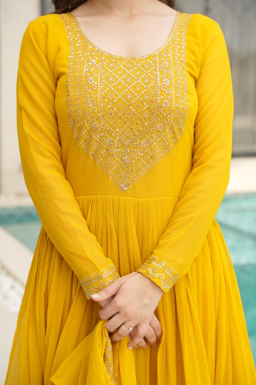 Shining Embroidery Work Yellow Color Gown