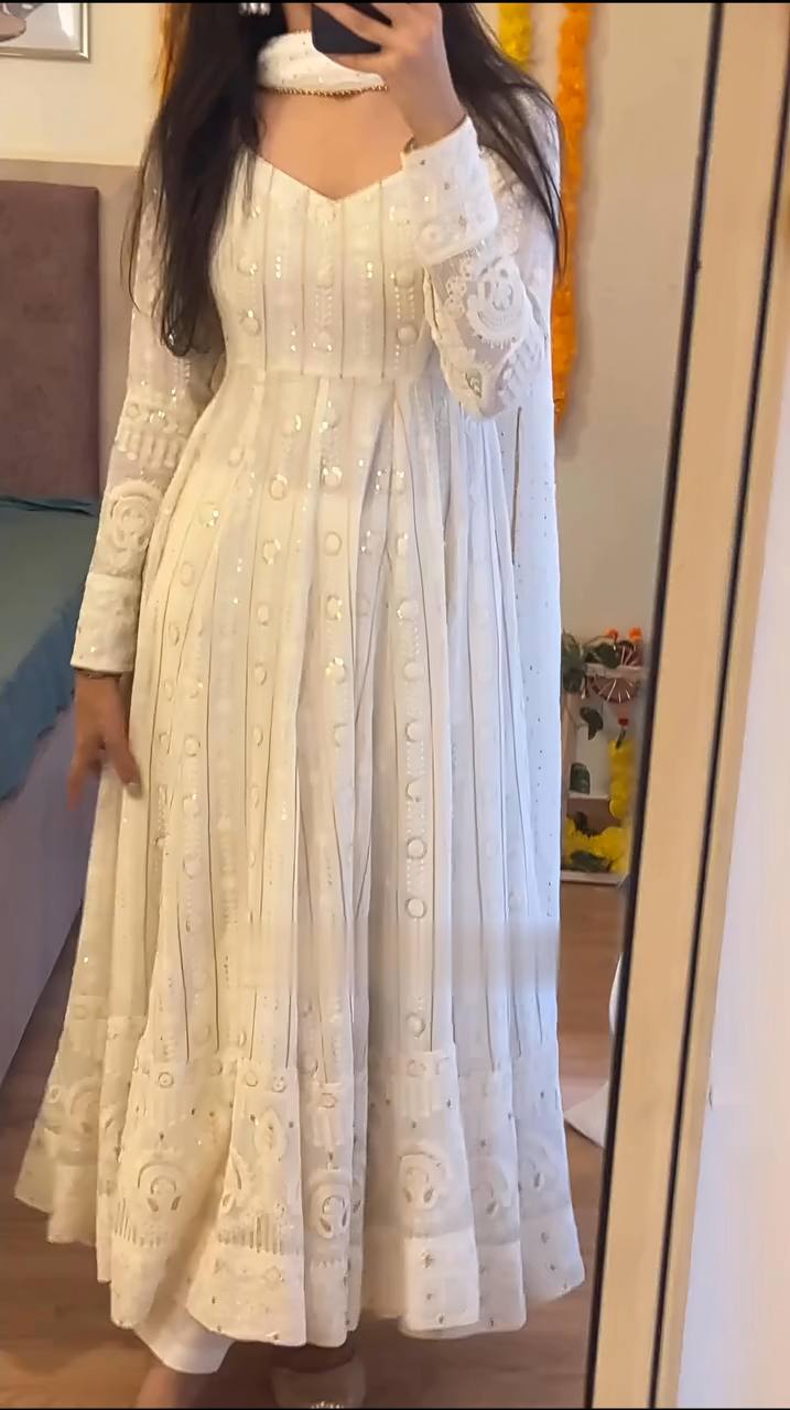 Festive Wear Embroidered Work White Color Anarkali Suit