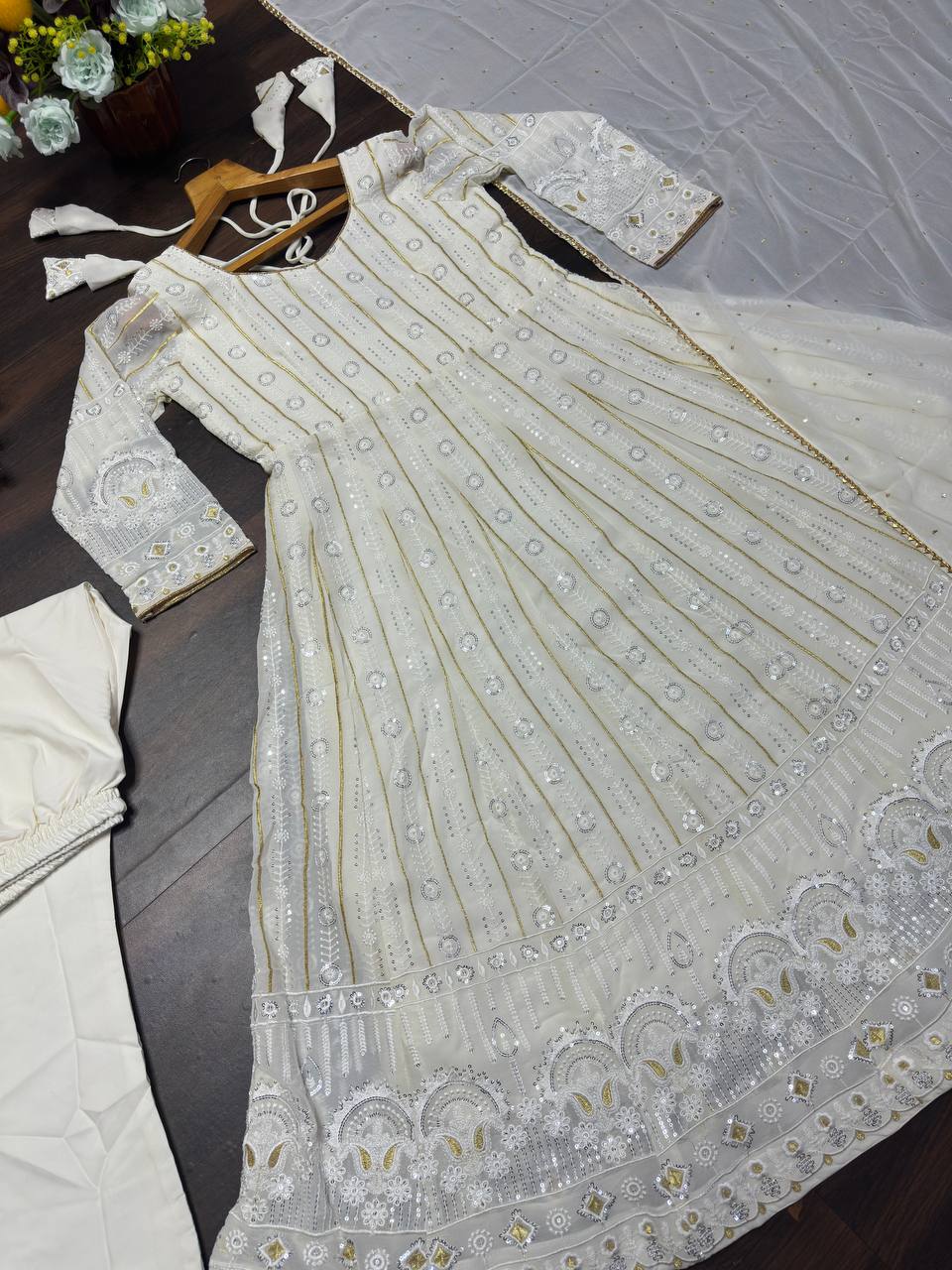 Festive Wear Embroidered Work White Color Anarkali Suit