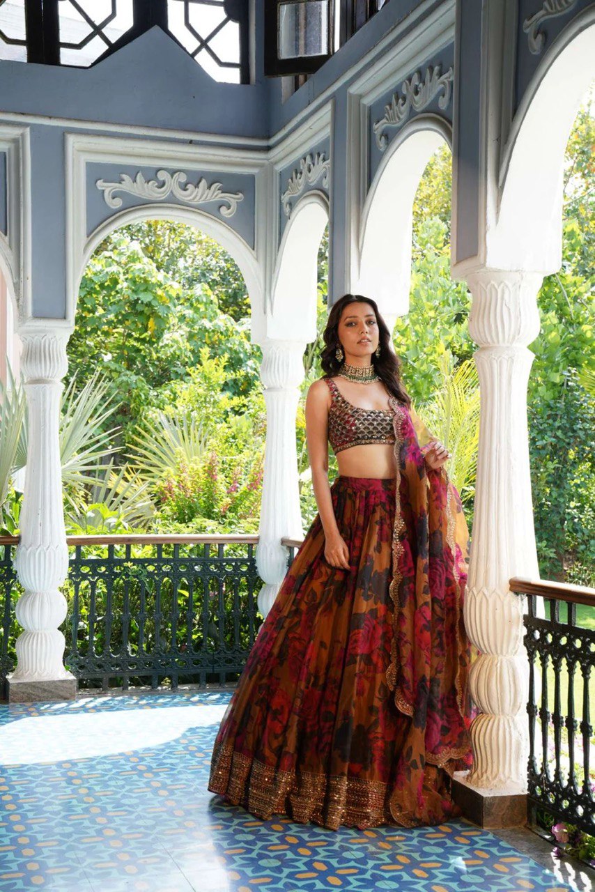 Designer Multi Flower With Mustard Color Lehenga Choli