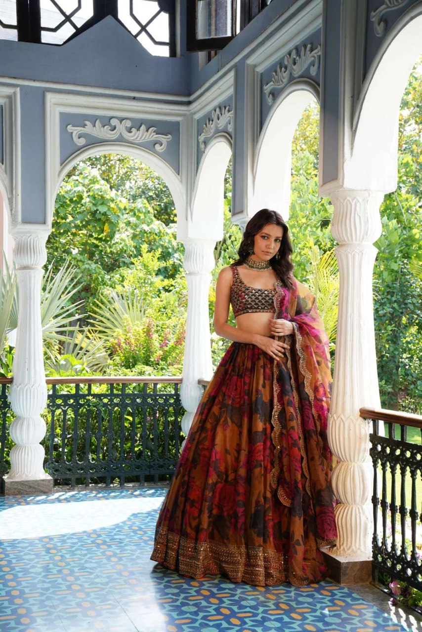 Designer Multi Flower With Mustard Color Lehenga Choli