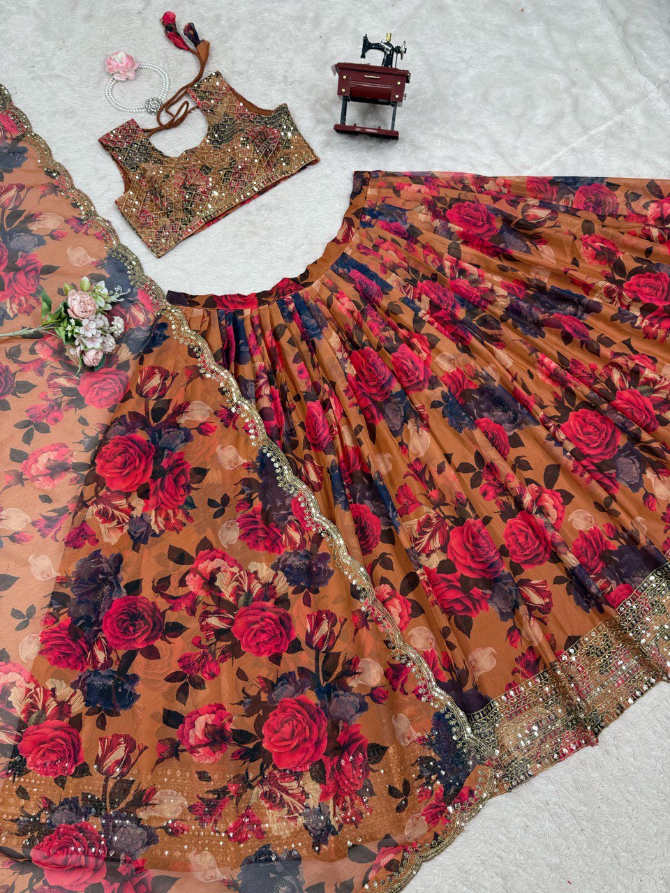 Designer Multi Flower With Mustard Color Lehenga Choli