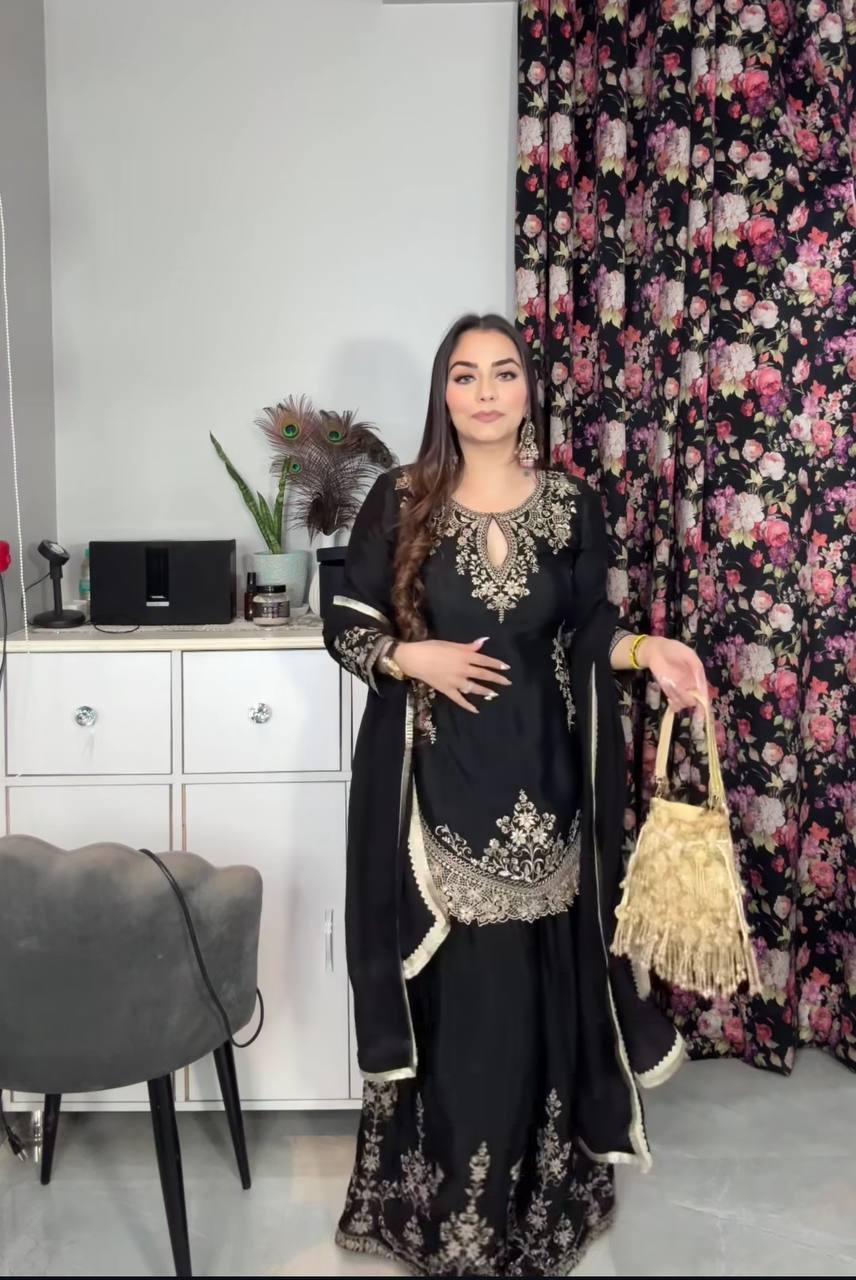 Designer Heavy Work Black Color Sharara Suit