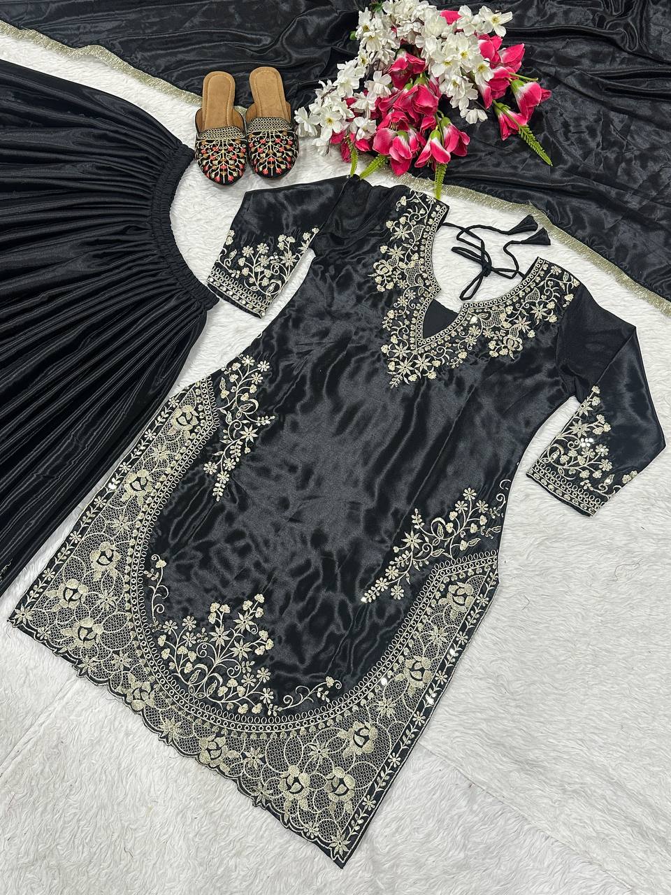 Designer Heavy Work Black Color Sharara Suit