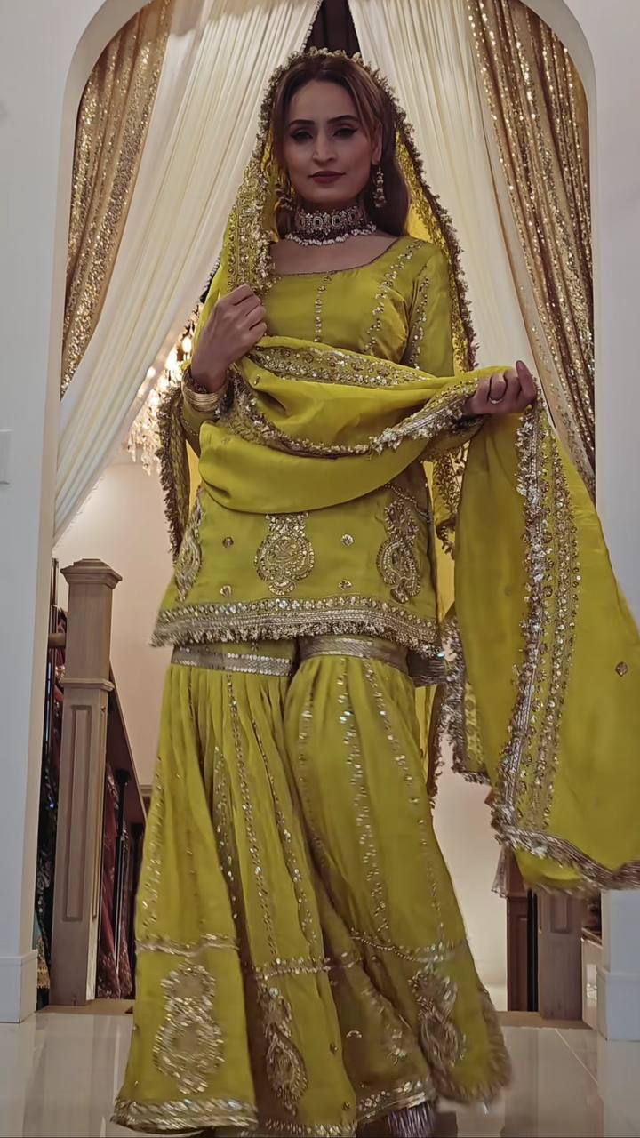 Occasion Wear Embroidery Work Mehendi Color Sharara Suit