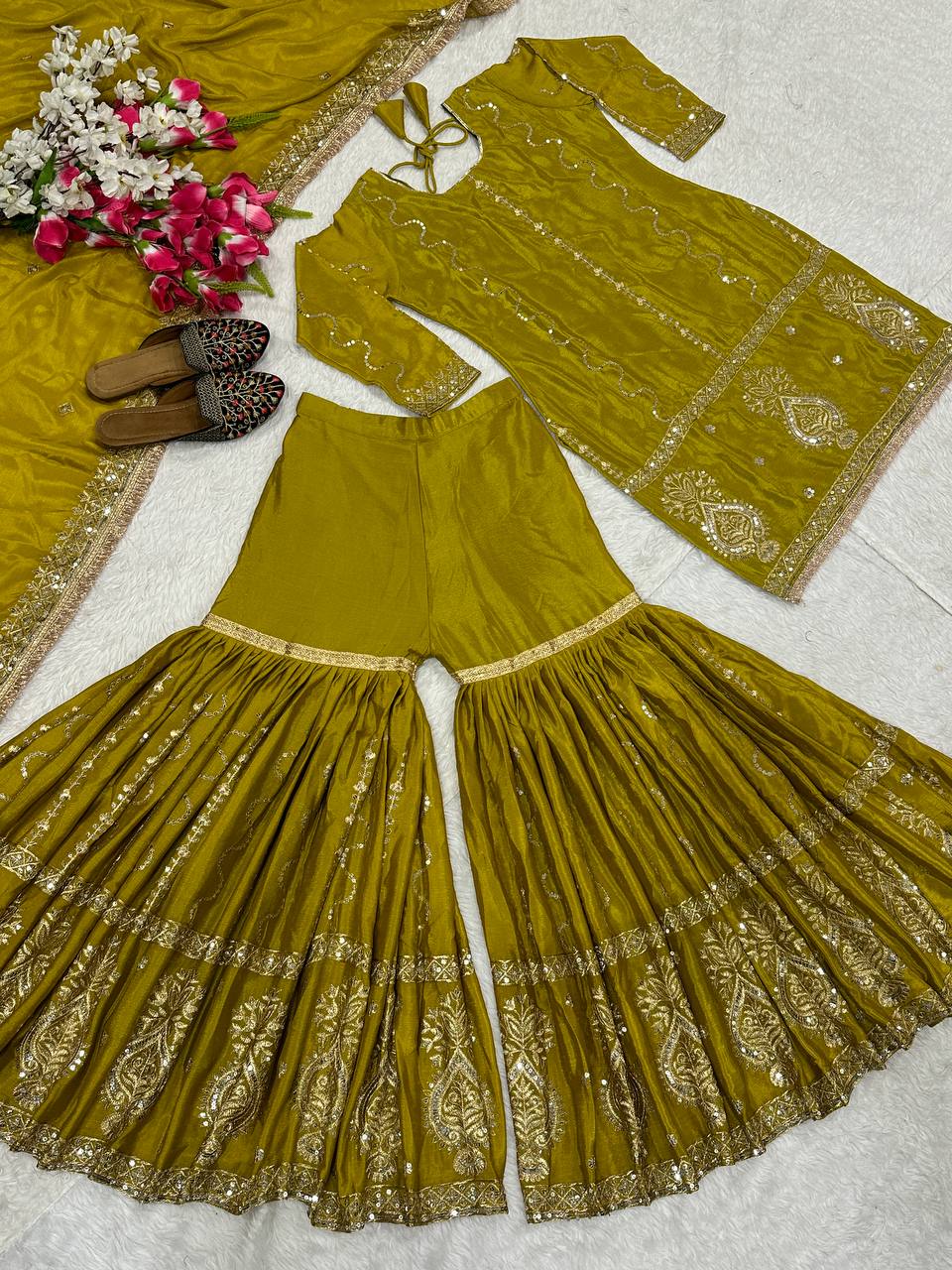 Occasion Wear Embroidery Work Mehendi Color Sharara Suit
