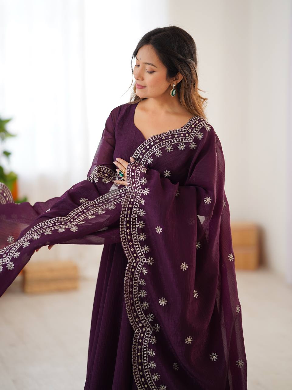 Awesome Sequence Work Wine Color Anarkali Gown
