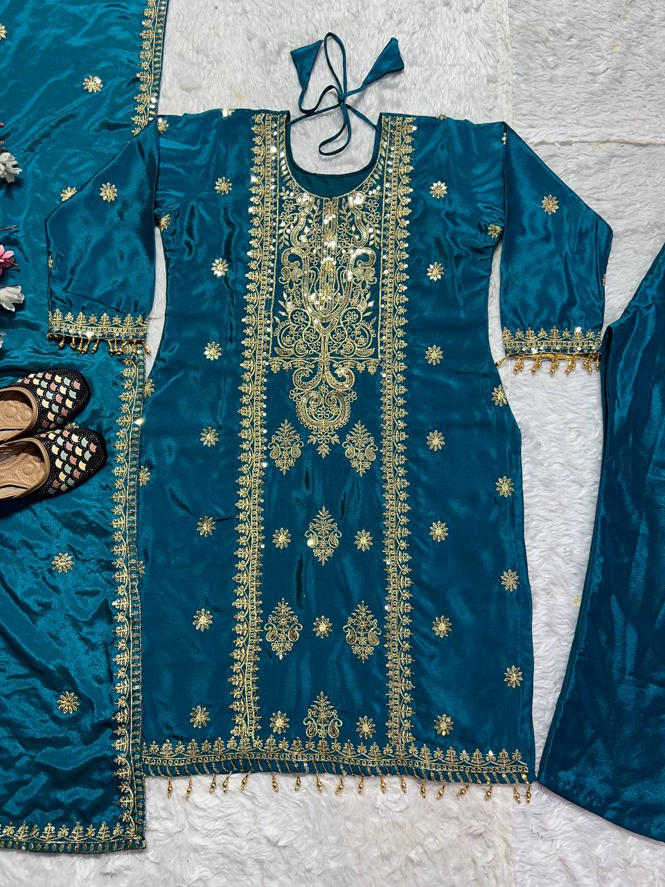 Attractive Heavy Work Teal Blue Color Salwar Suit