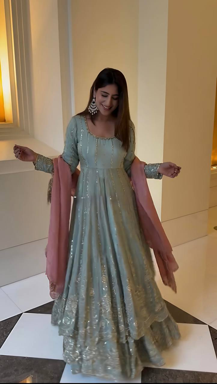 Good Looking Heavy Work Rama Color Top With Lehenga