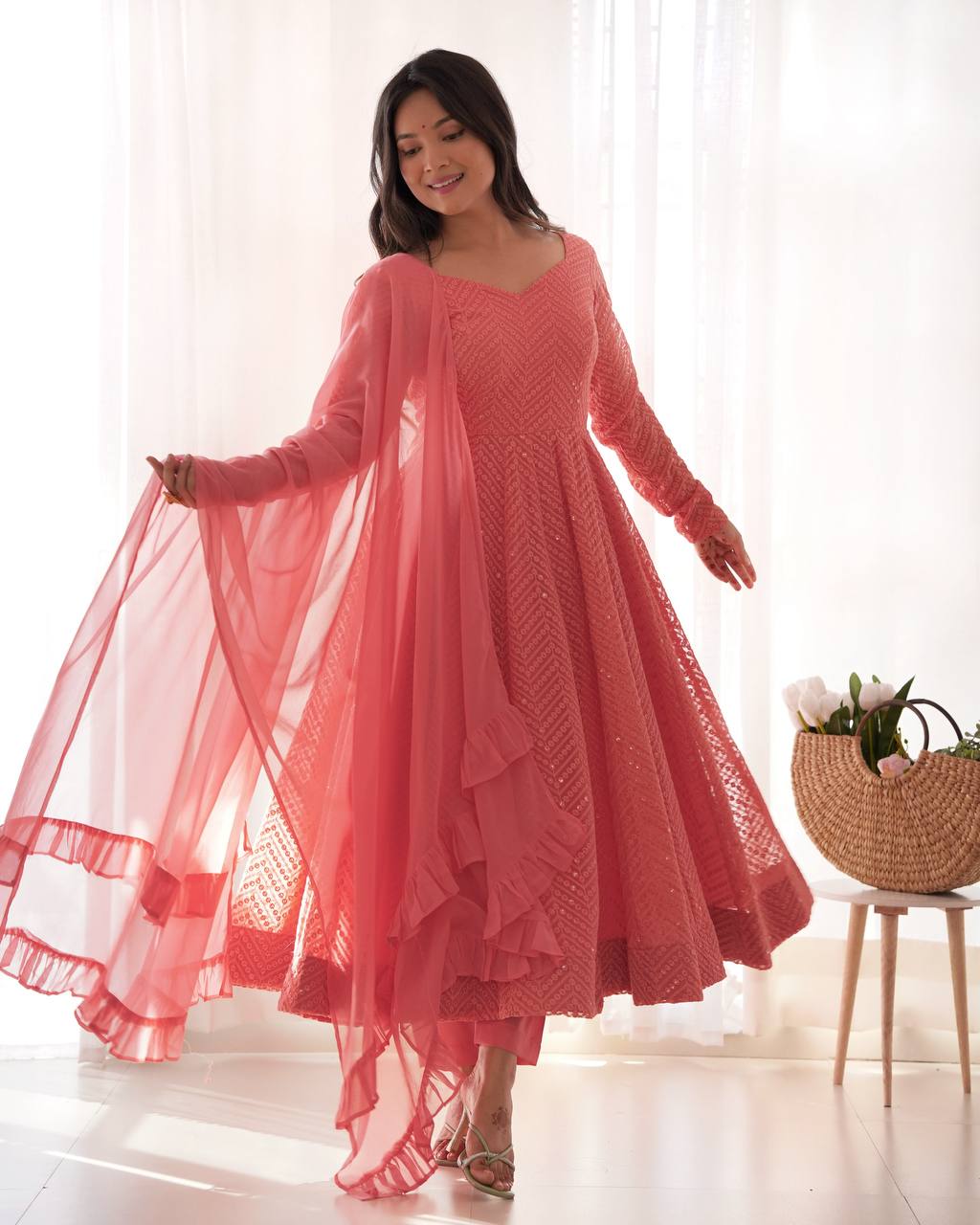 Pretty Sequence Work Peach Color Anarkali Suit