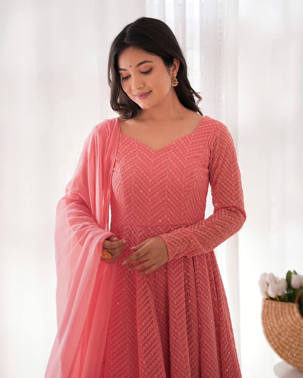Pretty Sequence Work Peach Color Anarkali Suit