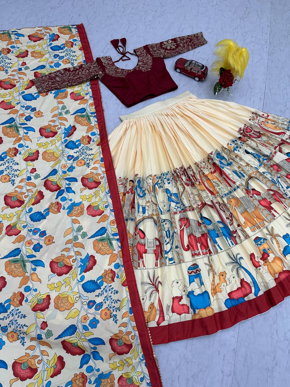 Delightful Kalamkari Print Off White Color Lehenga Choli
