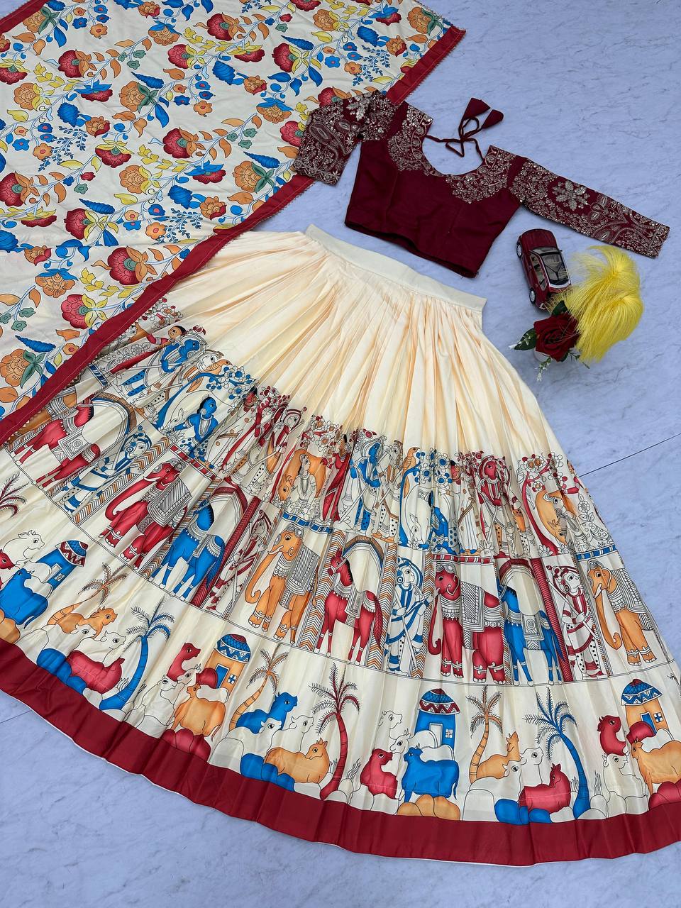 Delightful Kalamkari Print Off White Color Lehenga Choli