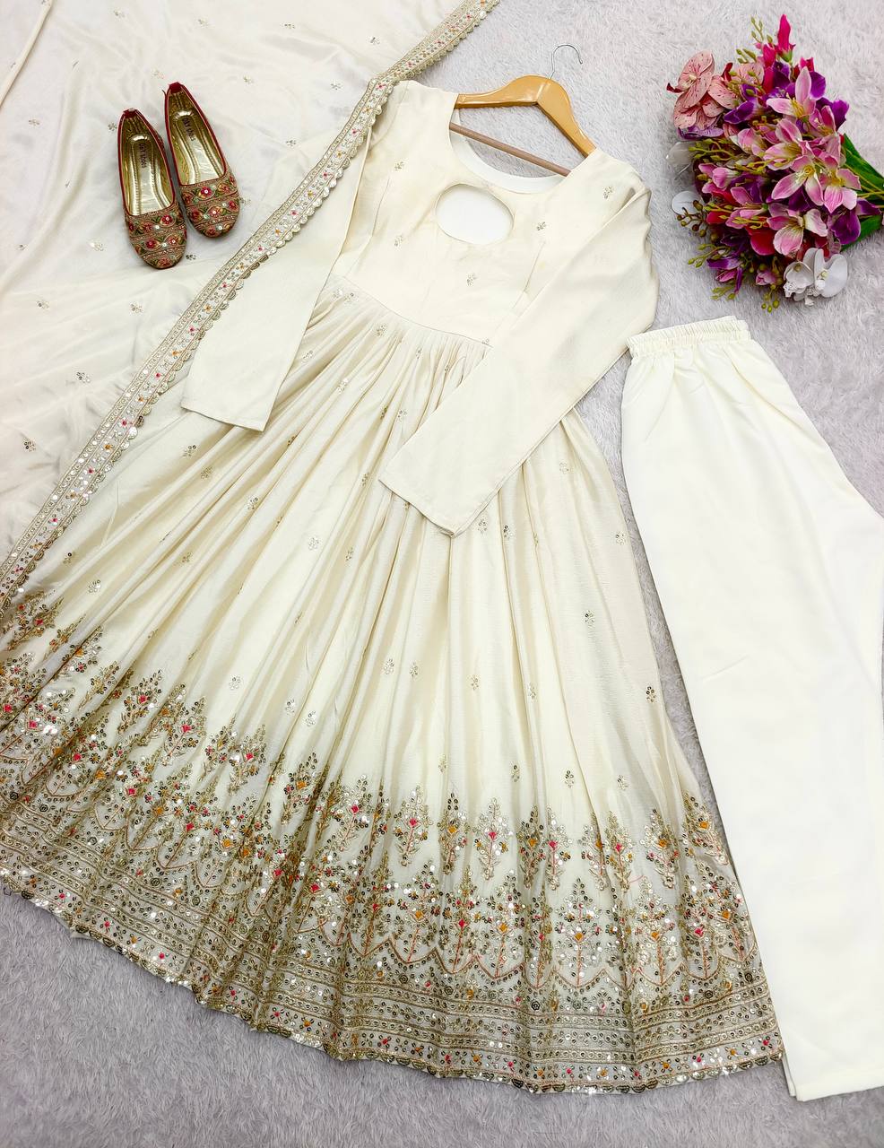 Designer Embroidery Work White Color Anarkali Gown