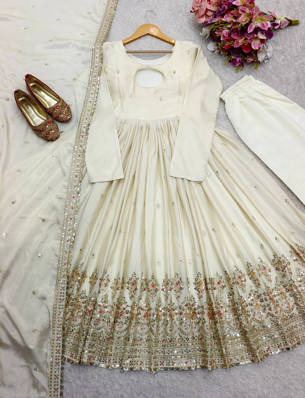 Designer Embroidery Work White Color Anarkali Gown