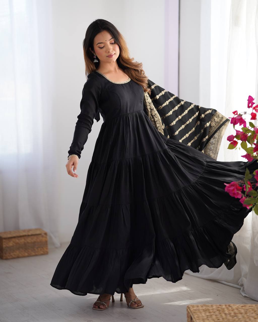 Flattering Roman Silk Black Color Anarkali Gown vastracloth Flattering Roman Silk Black Color Anarkali Gown vastracloth