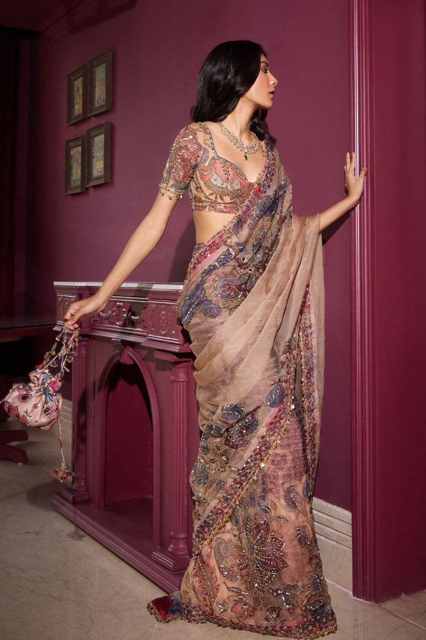 Wedding Wear Flower With Sequence Work Peach Color Saree
