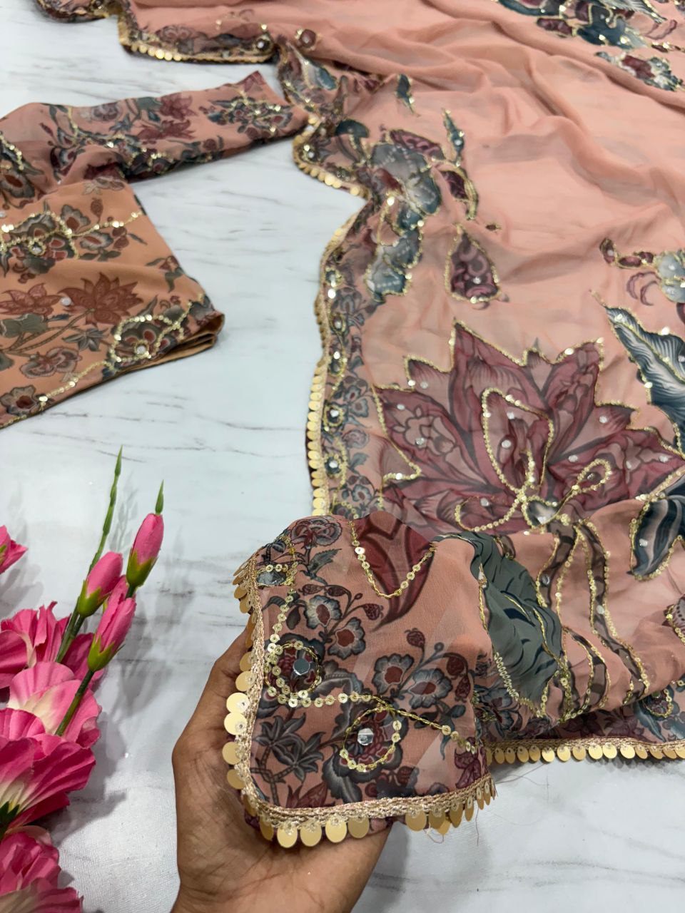 Wedding Wear Flower With Sequence Work Peach Color Saree