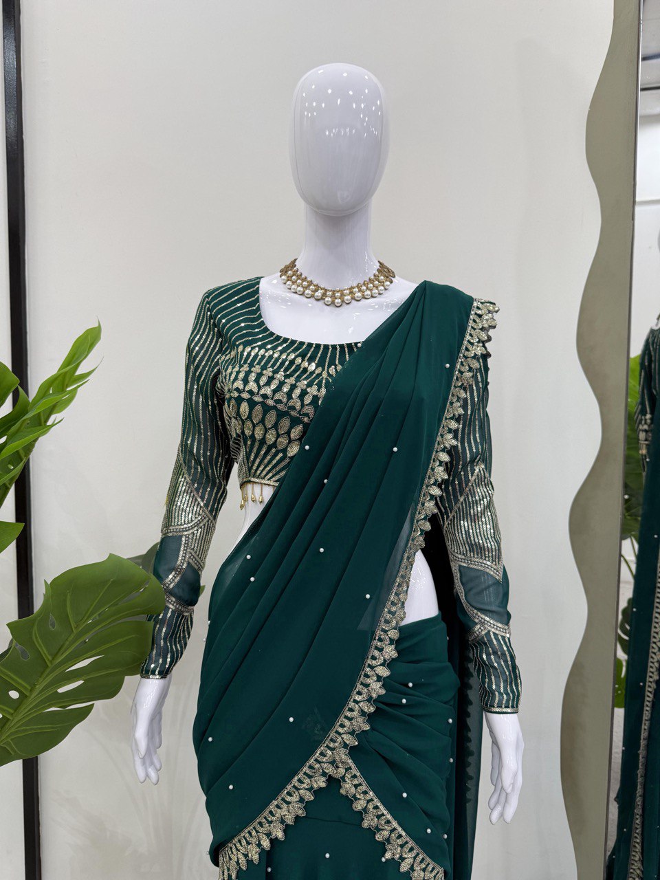 Party Wear Georgette Green Color Ready To Wear Lehenga Saree