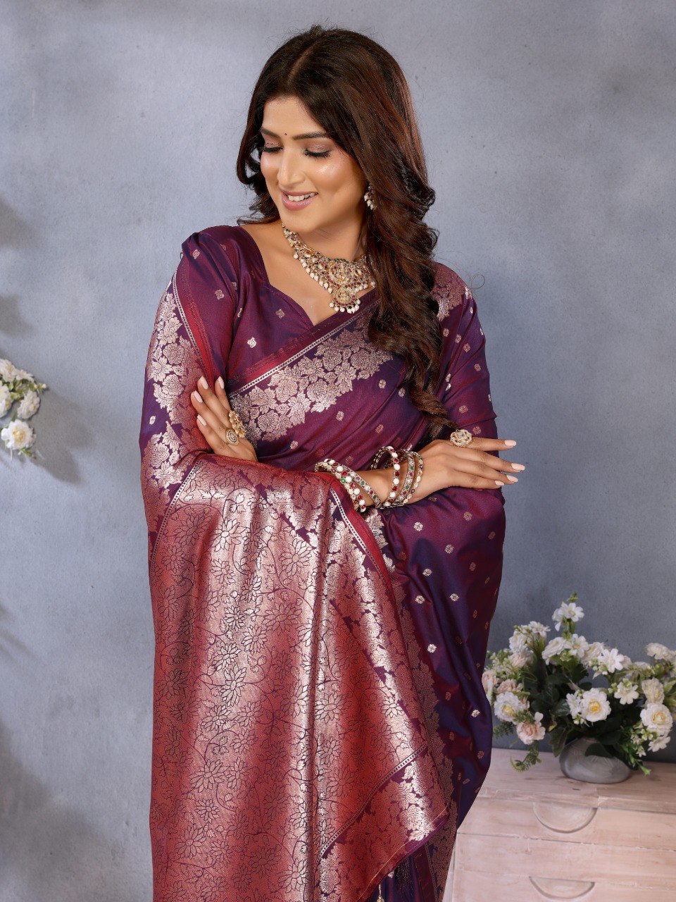 Wine Color Traditional Banarasi Silk Rich Pallu Saree
