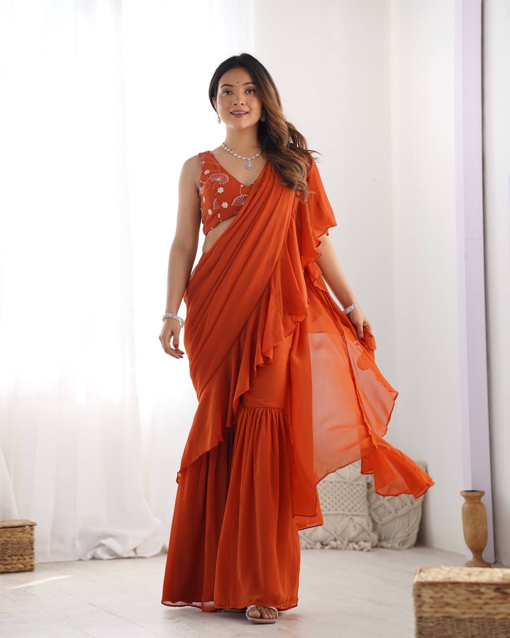 Party Wear Orange Color Draped Saree