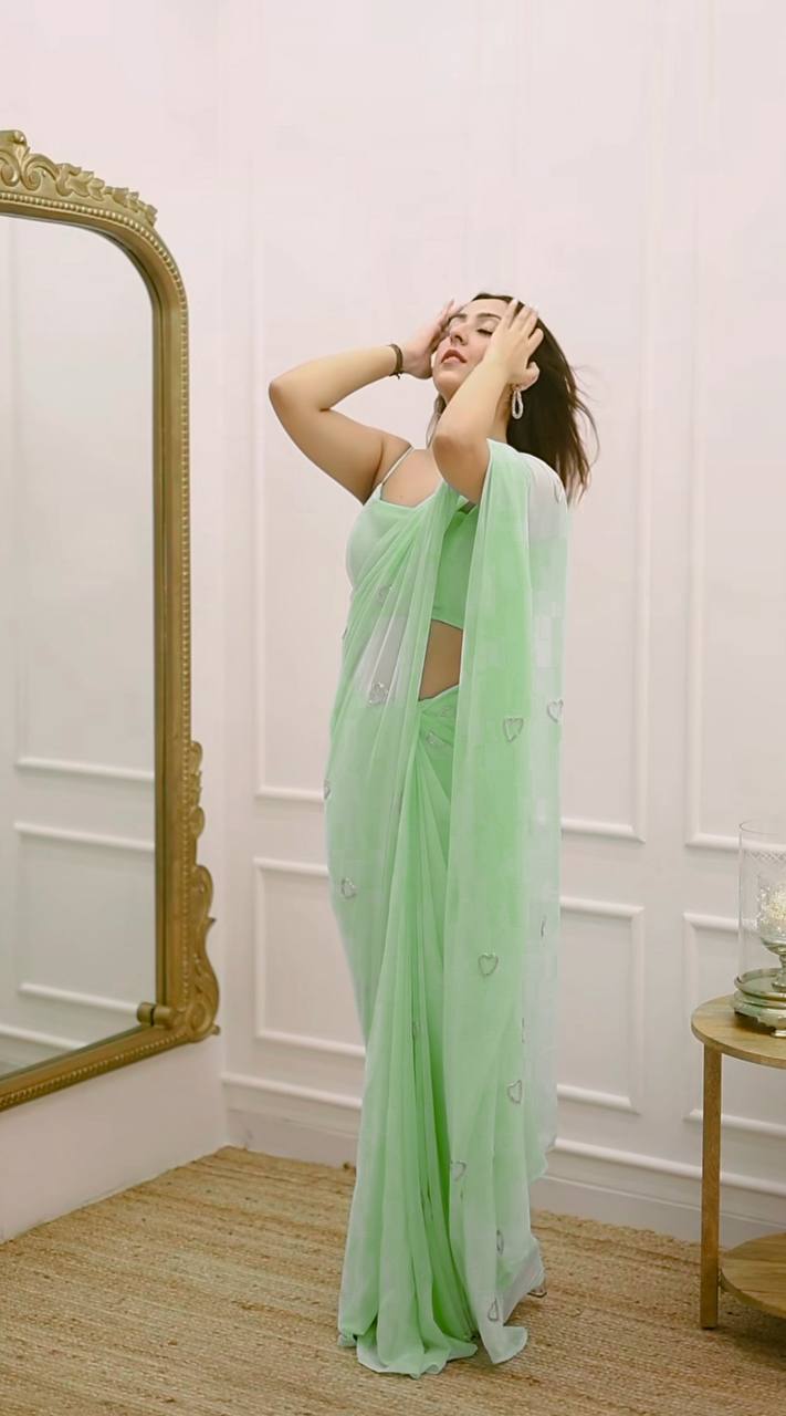 Hearts Shape Handwork Teal Green Color Unique Saree