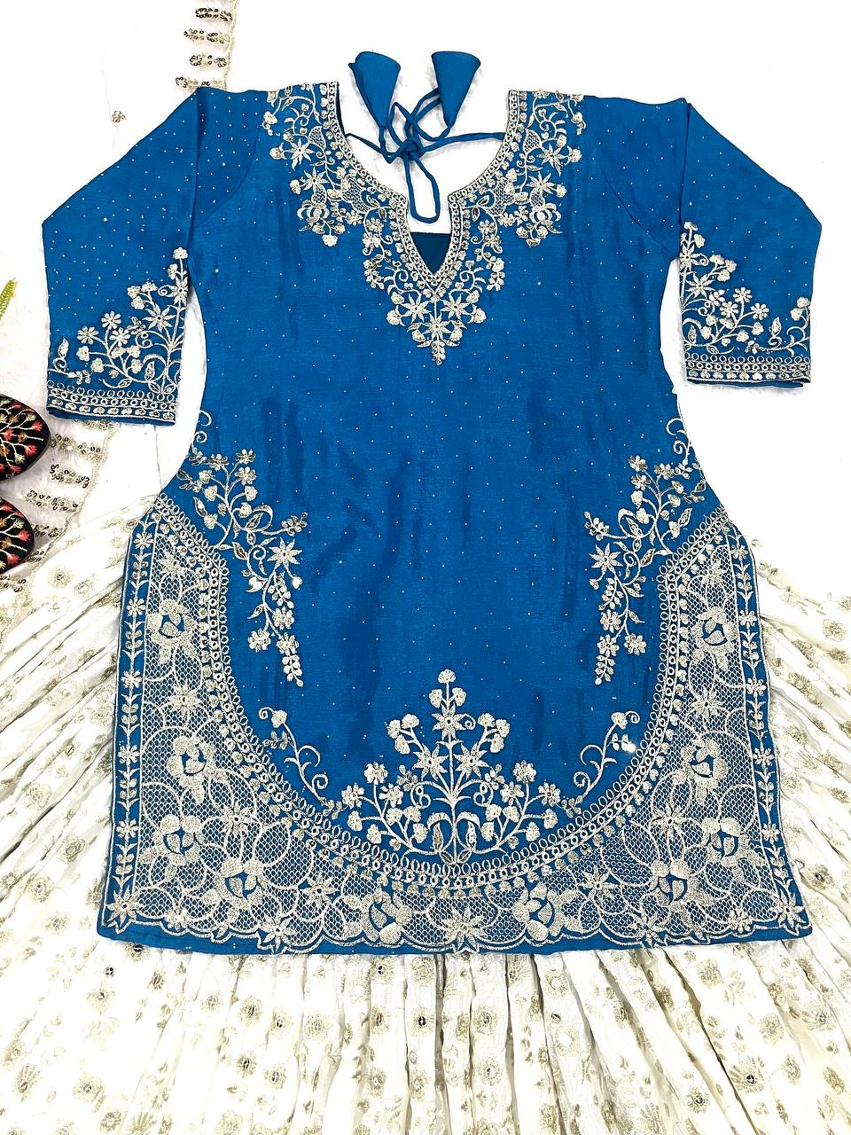 Traditional Wear Embroidery Work Blue Color Top With Lehenga