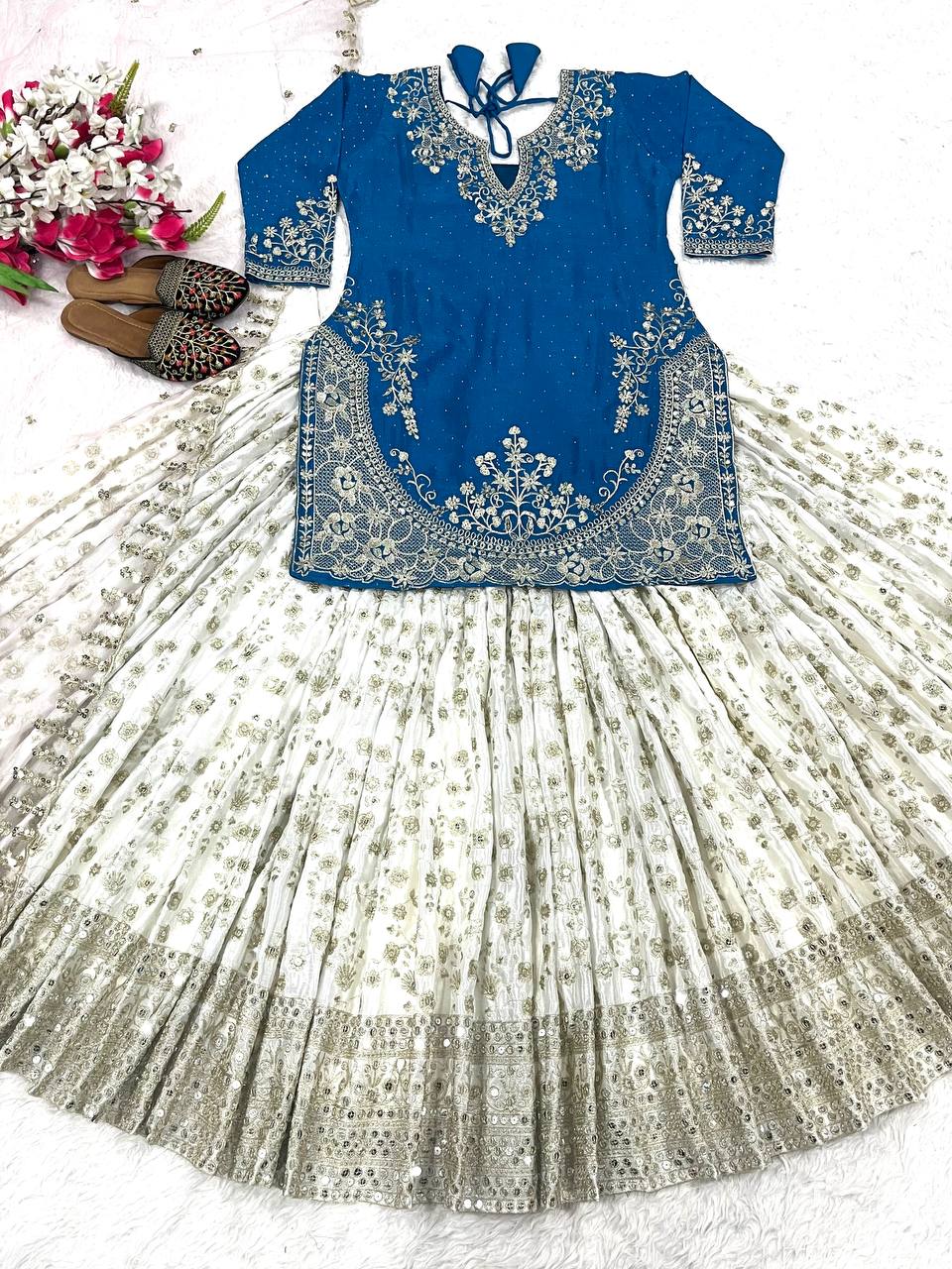 Traditional Wear Embroidery Work Blue Color Top With Lehenga