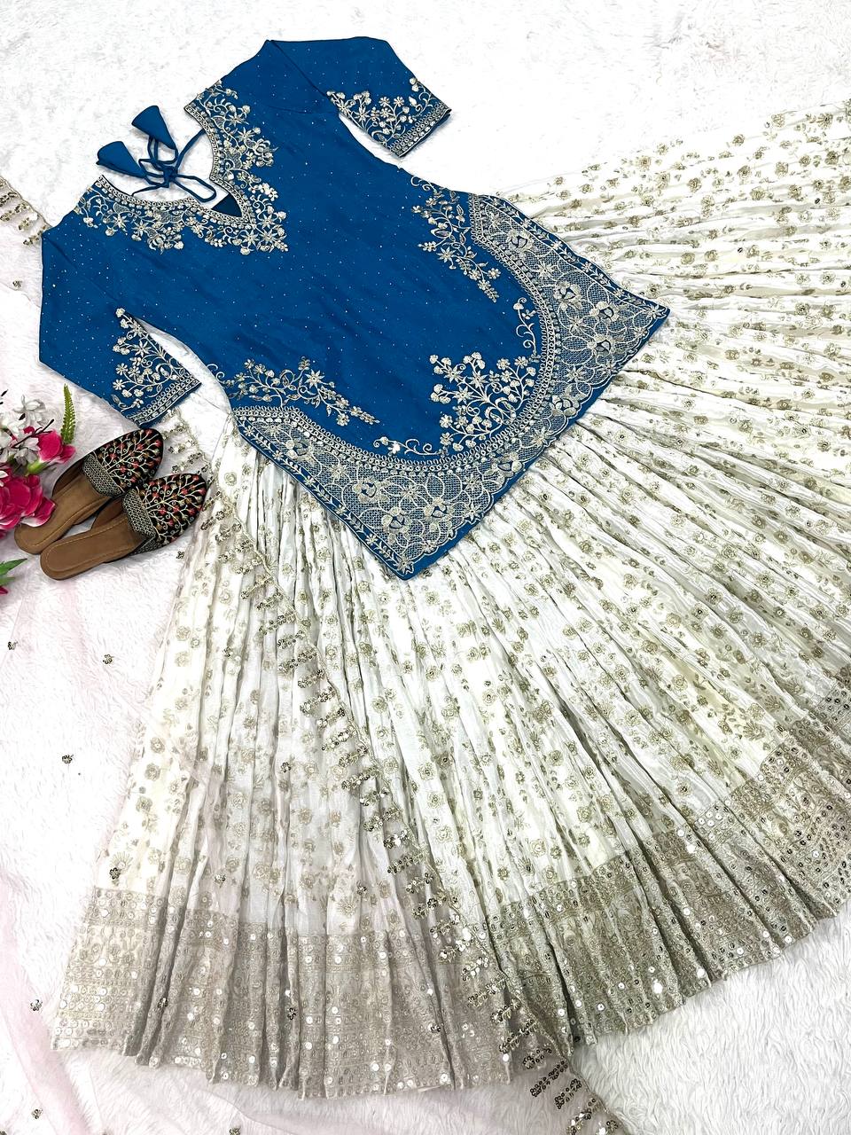 Traditional Wear Embroidery Work Blue Color Top With Lehenga
