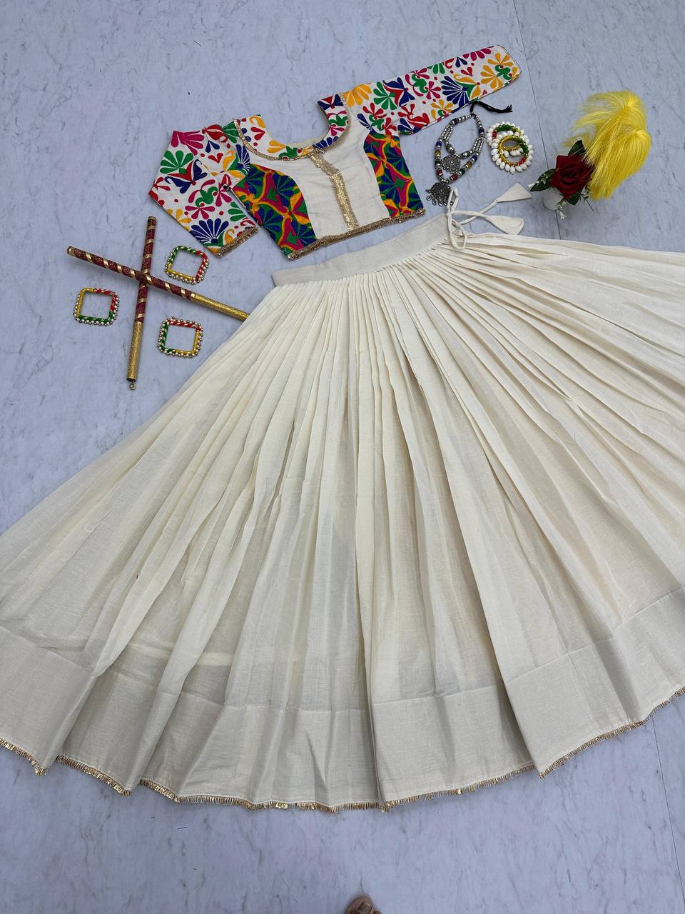 Navratri Special Embroidery Work Off White Color Lehenga Choli