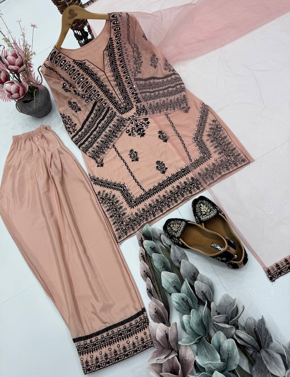 Stunning Embroidery Work Peach Color Palazzo Suit