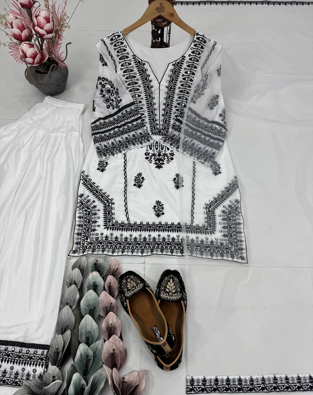 Stunning Embroidery Work White Color Palazzo Suit