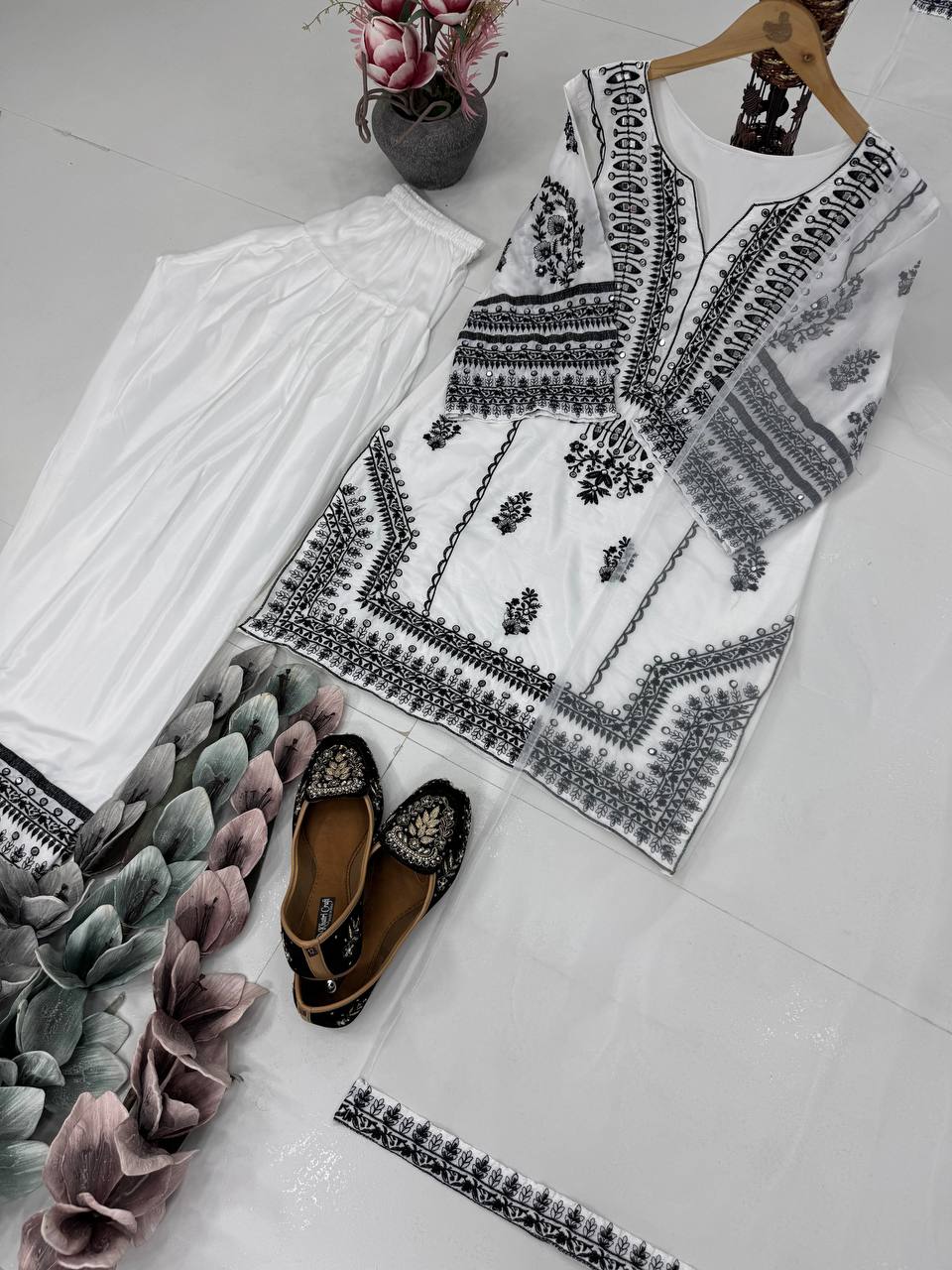 Stunning Embroidery Work White Color Palazzo Suit