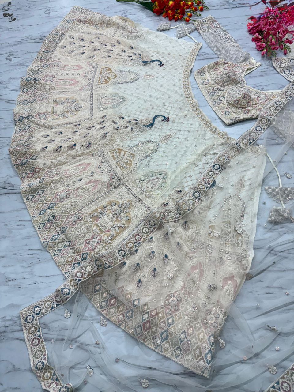 Bridal Wear Peacock Print White Color Lehenga Choli
