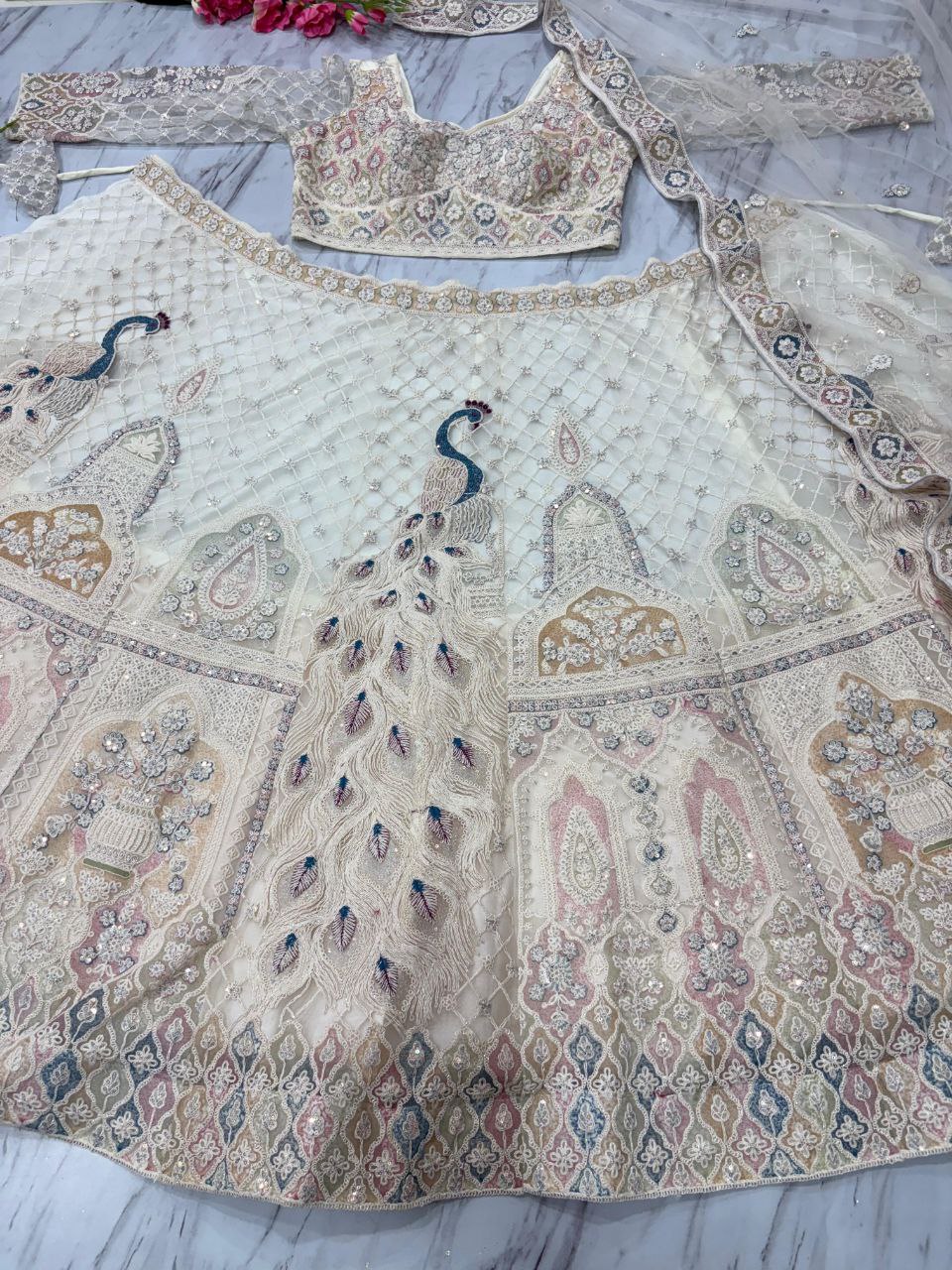 Bridal Wear Peacock Print White Color Lehenga Choli