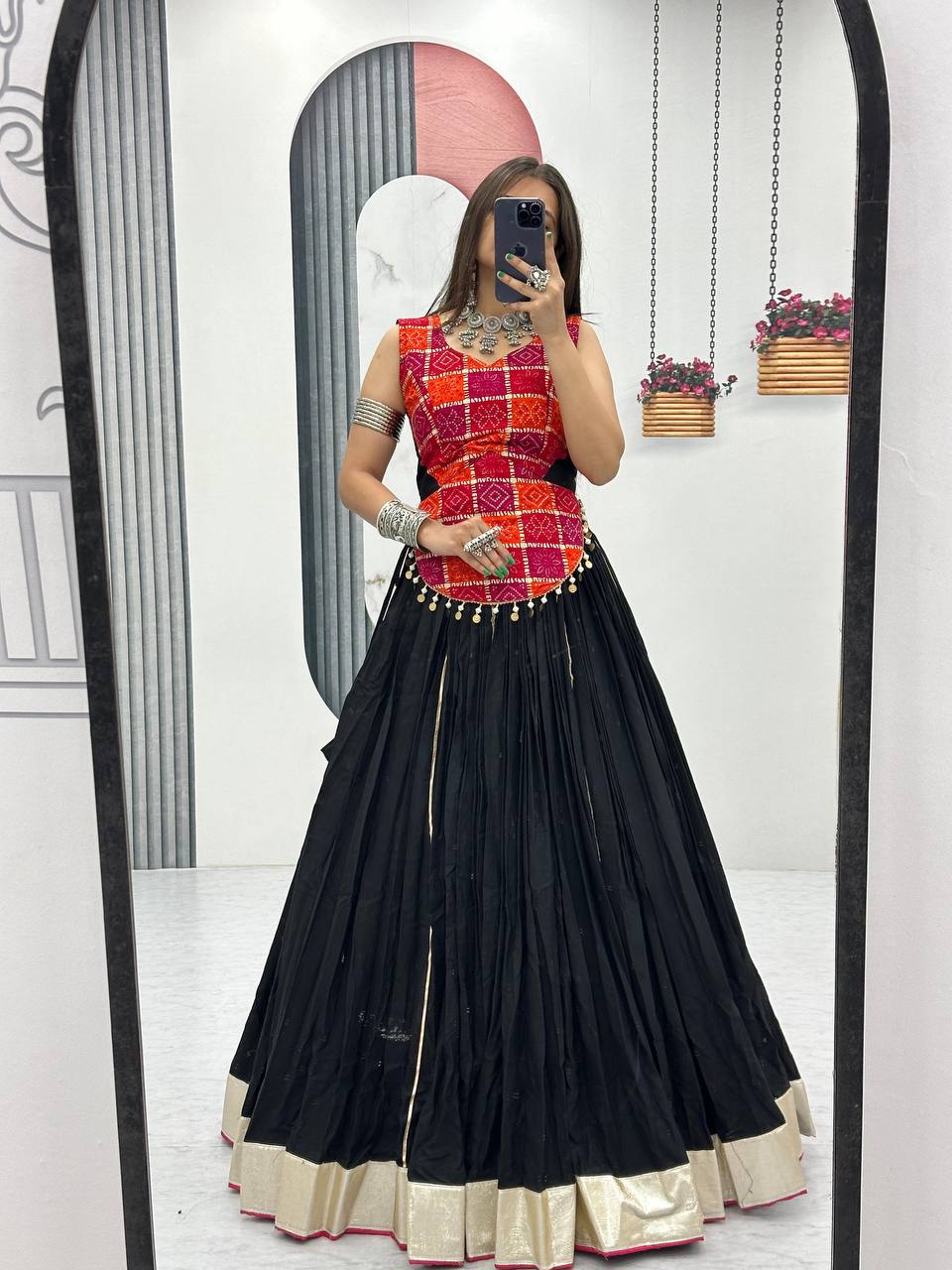 Navratri Collection Red Choli With Black Lehenga