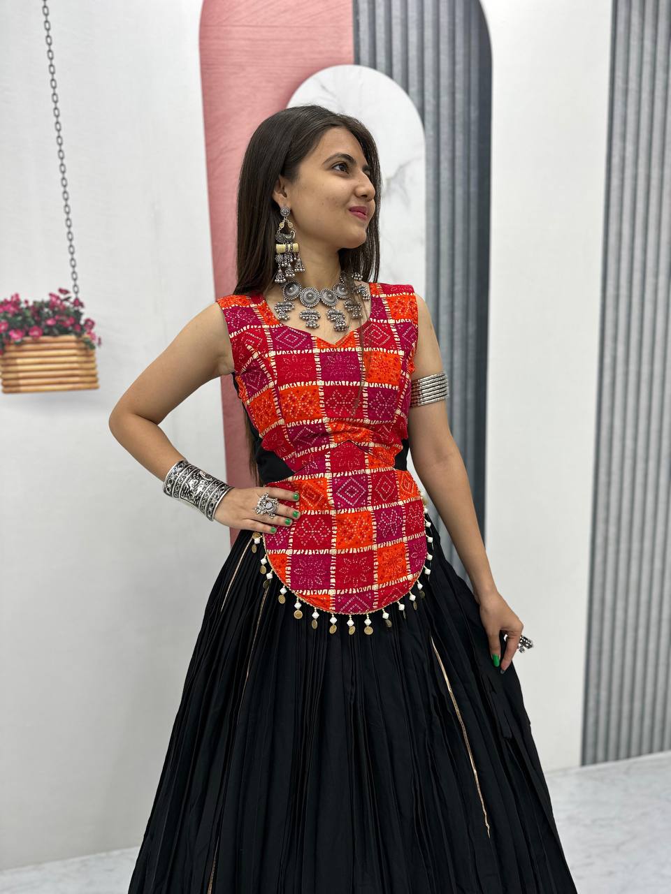 Navratri Collection Red Choli With Black Lehenga