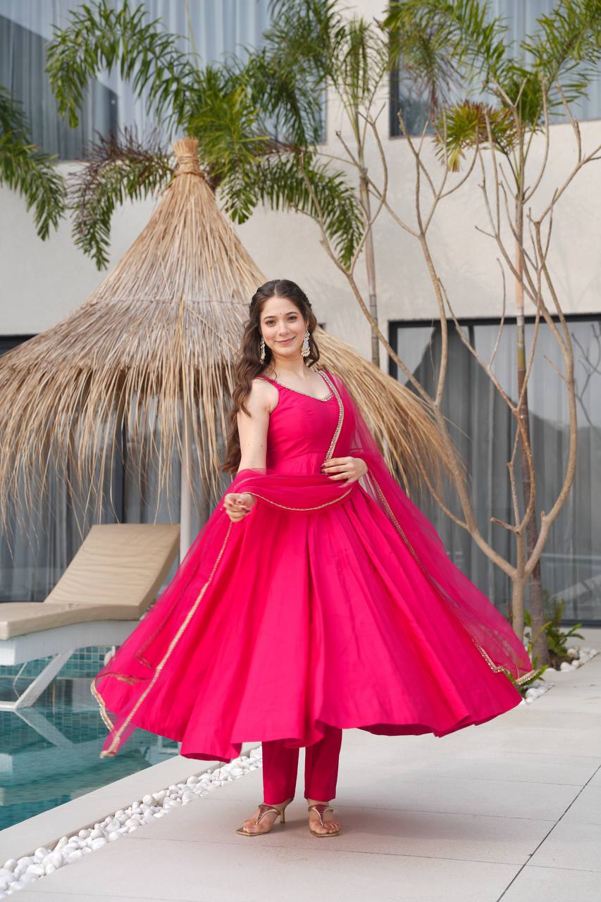 Roman Silk Fully Flared Pink Color Anarkali Suit