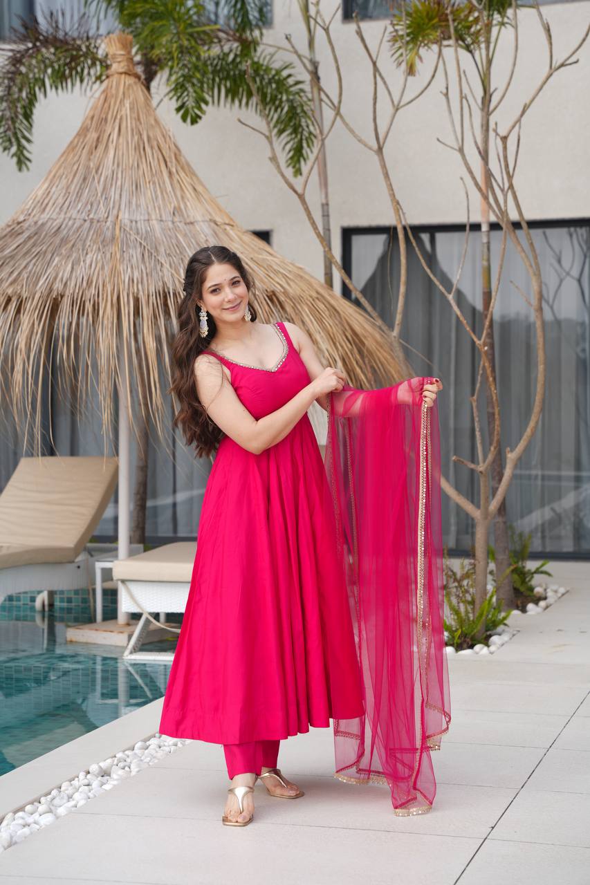 Roman Silk Fully Flared Pink Color Anarkali Suit